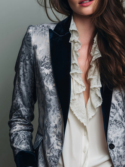 Elegant Silver And Midnight Blue Print Velvet Blazer