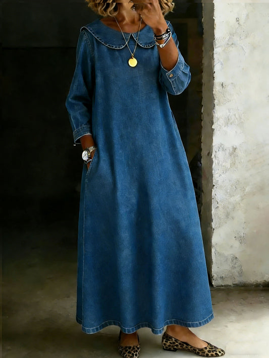 Women's Peter Pan Collar Long-sleeved Casual Loose Denim Dress