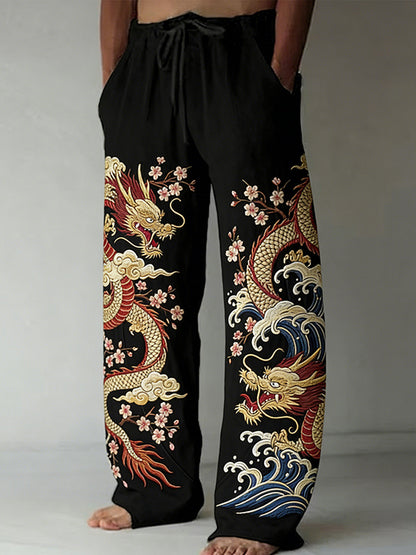 Men's Japanese Dragon & Cherry Blossom Art Comfy Linen Pants