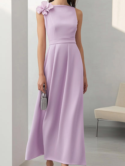 Elegant Lilac Satin Dress with 3D Shoulder Flower