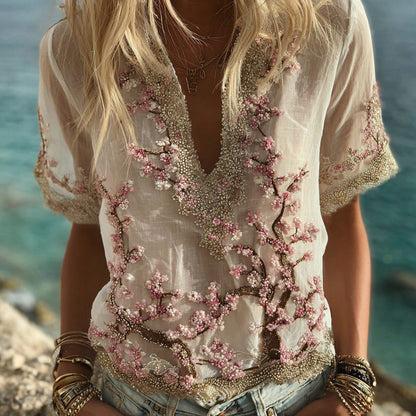 Bohemian Style Sakura Diamond Embroidery Vintage Short-sleeved Shirt