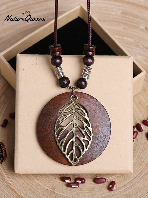 Vintage Alloy Leaf Wooden Pandent Necklace
