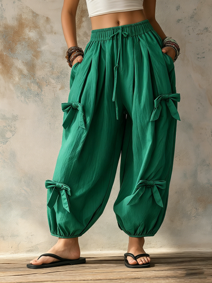 Emerald Green Bow-Detail Harem Pants - Casual Balloon Trousers