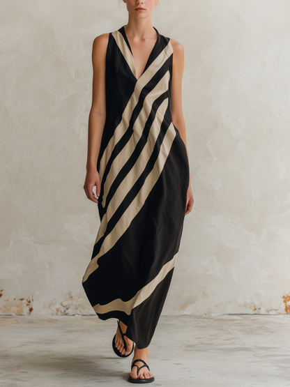 Black & Beige Diagonal Striped Sleeveless Maxi Dress