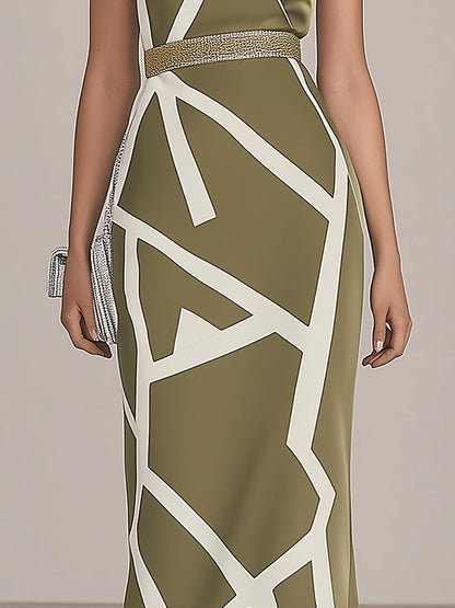 Olive Green Satin Dress With White Geometric Print And Gold Belt