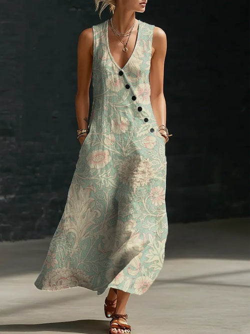 Women's Floral Pattern Art Print Casual Cotton Linen Dress