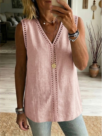 Casual Sleeveless Linen & Cotton Top With Cutout Webbing And Patchwork Detail