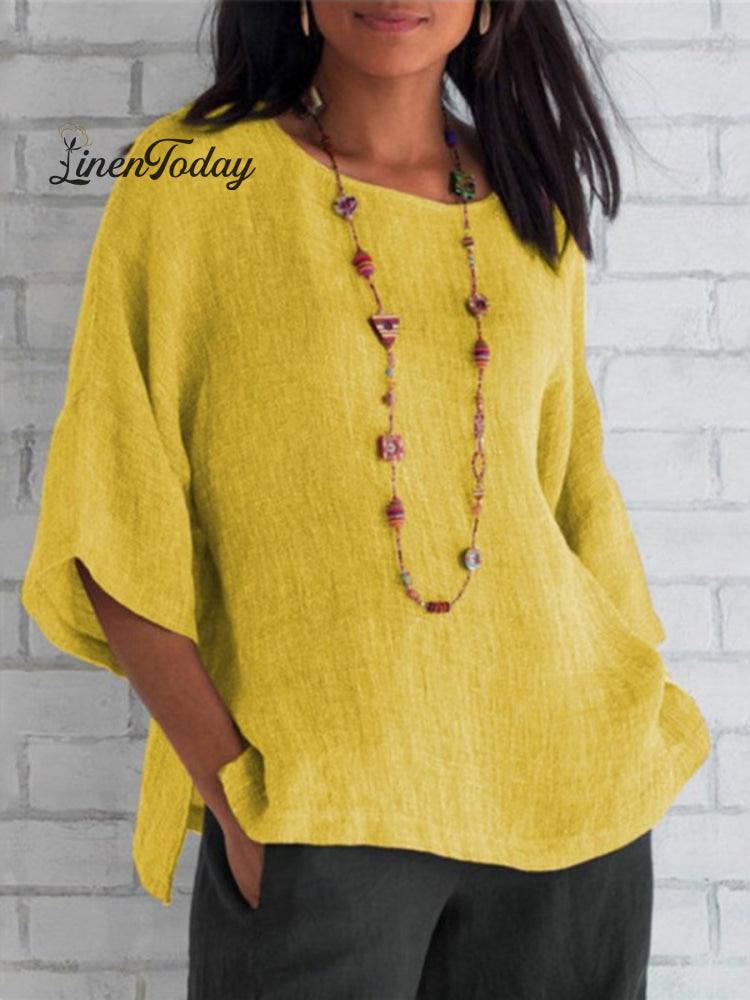 Crewneck Cotton and Linen Shirt Top
