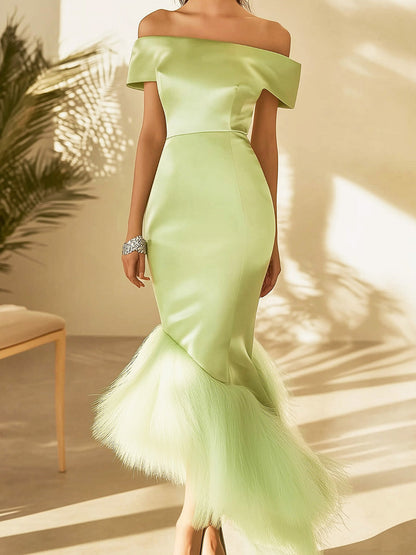 Mint Green Satin Dress with Feathered Bottom
