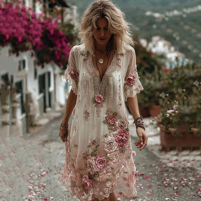 Vintage Floral Embroidery Short-sleeved Dress
