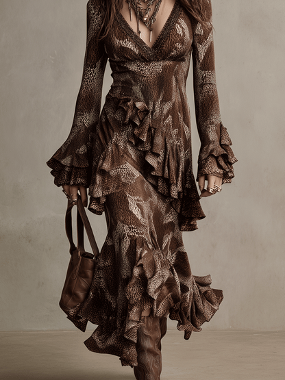 Vintage Brown Flounce Long Sleeve Gown Maxi Dress