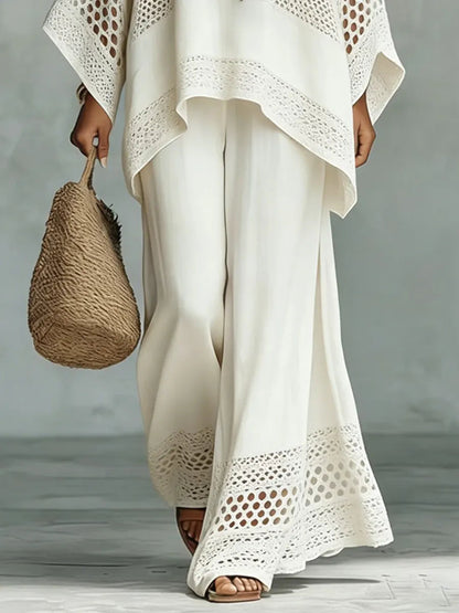 Women's Vintage Ethnic Art Comfortable Loose Cotton Linen Wide-leg Pants Two-piece Set