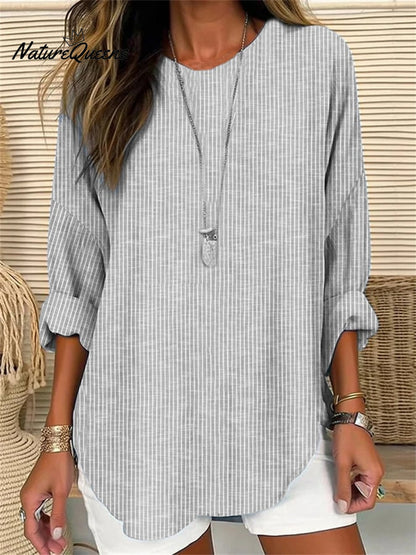 Women's Retro Striped Design Loose Long Sleeve Crew Neck Top