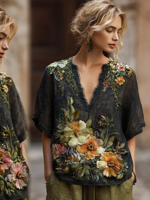 Bohemian Style Three-dimensional Flower Sequin Embroidery Vintage Black V-neck Short Sleeve