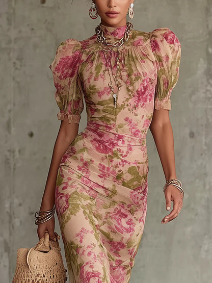 Vintage Rose Print Maxi Dress With Puff Sleeves(Accessories not included)