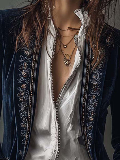 Vintage Navy Polyester Velvet Embroidered Long Jacket