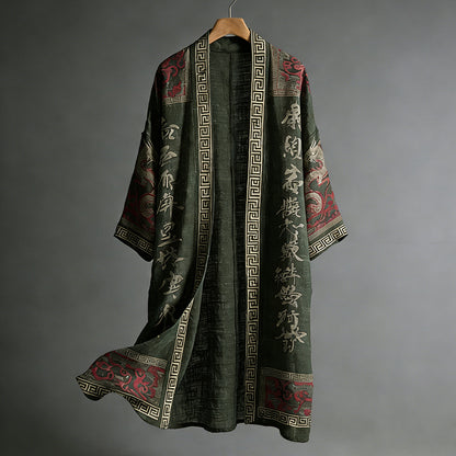 Men's Japanese Dragon Pattern Calligraphy And Painting Art Linen Long Kimono