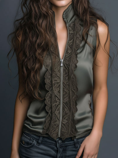High Collar Olive Satin Lace Trim Sleeveless Blouse