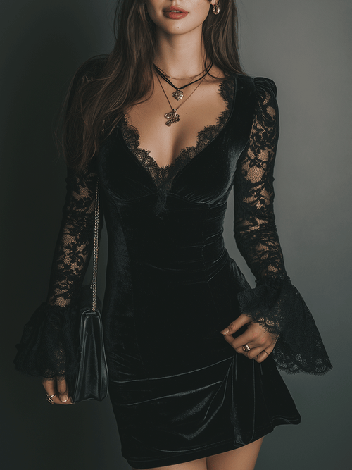 Romance Midnight Velvet Lace Bell-Sleeve Mini Dress