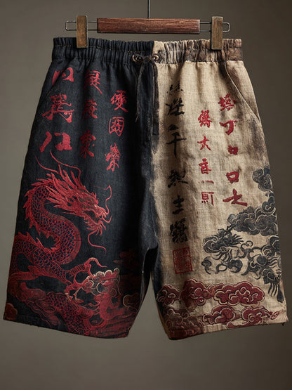 Men's Japanese Calligraphy And Dragon Art Linen Shorts