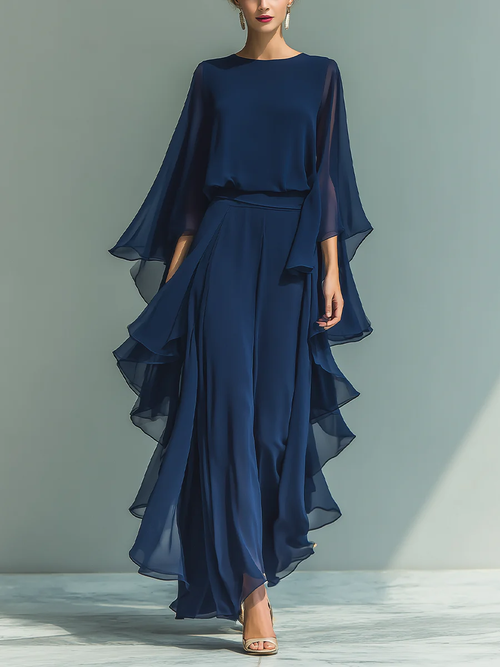 Elegant & Flowy Ruffled Shirt And Wide-leg Pants Two-piece Set