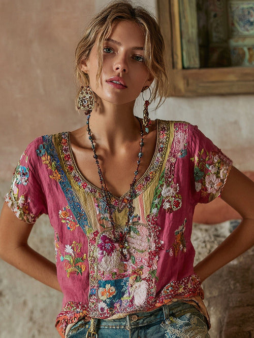 Women's Bohemian Floral Embroidery Art V-neck Short Sleeve Linen Blend T-shirt