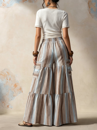 Boho Striped Tiered Wide-Leg Cargo Pants With Pockets