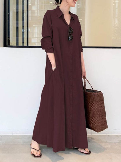 Women's Solid Color Casual Loose Elegant V-Neck Cotton And Linen Pocket Shirt Dress