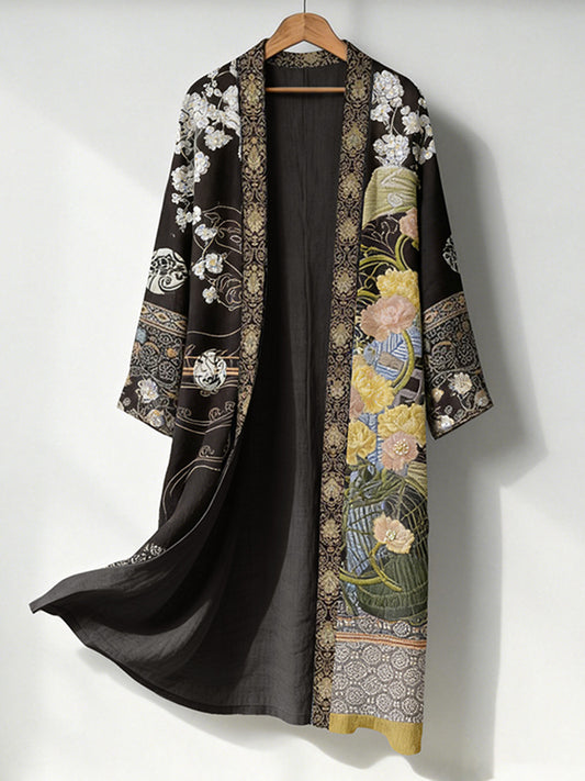 Men's Retro Japanese Art Print Linen Long Kimono