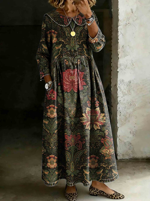 Women's Vintage Ethnic Symmetrical Floral Print Lapel Collar Pleated Long Sleeve Casual Loose Denim Dress