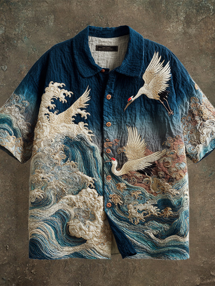 Vintage Japanese Crane Art Men's Linen Short Sleeve Shirt