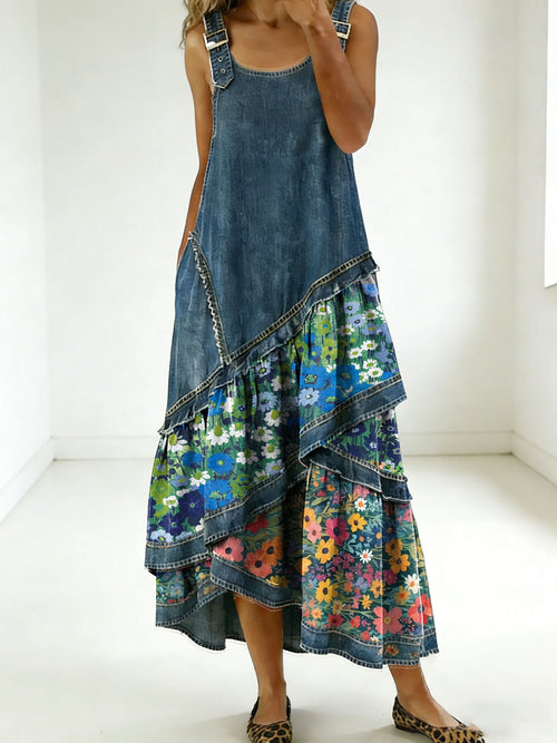 Women's Fashion Floral Denim Design Sleeveless Multi-layered Ruffled Strap Dress