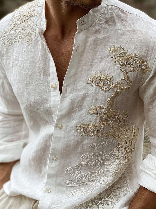 Men's Vintage Pine Tree Art Pattern Linen Blend Shirt