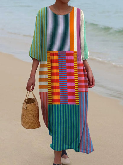 Women’s Colorful Patchwork Striped Cotton Linen 3/4 Sleeve Shirt