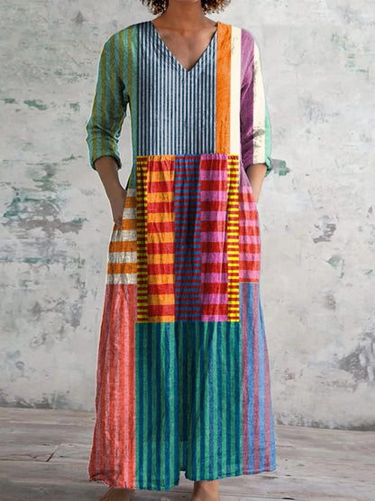 Women’s Colorful Patchwork Striped Cotton Linen 3/4 Sleeve Shirt