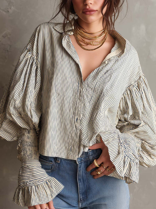 Vintage Boho Cotton Striped Puff Sleeve Shirt