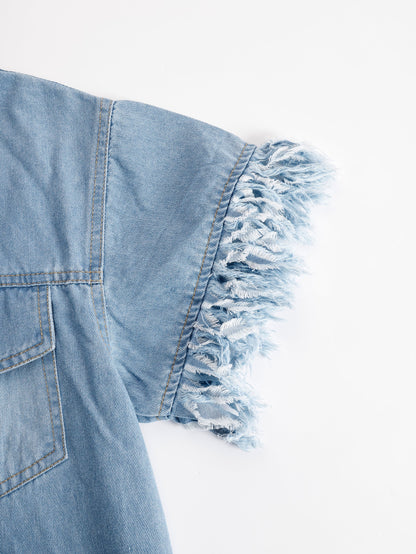 Casual Loose Vintage Denim Short Sleeve Shirt Tassel Mini Dress