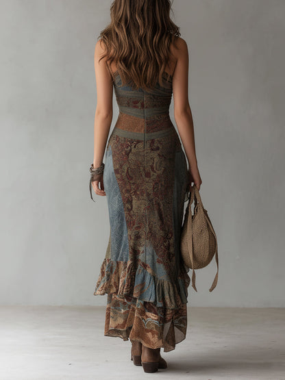 Retro Ethnic Style Printed One-shoulder High Slit Maxi Dress
