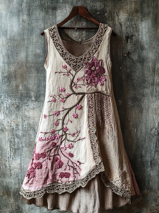 Women's Cherry Blossom Embroidery Lace Patchwork Art Linen Tank Dress
