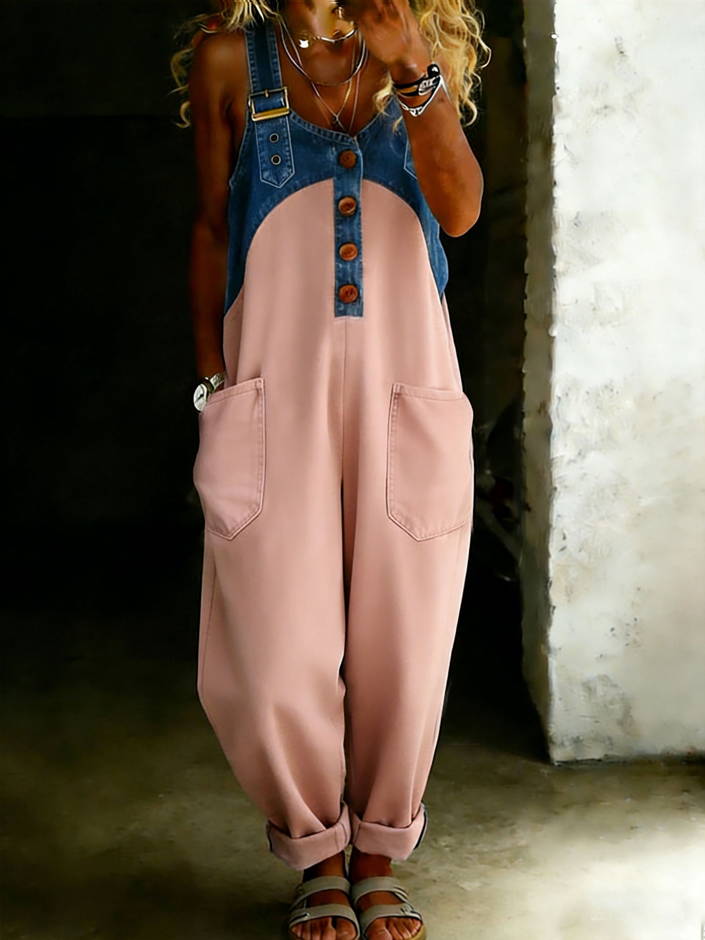 Women’s Casual One Piece Denim Denim Patchwork Jumpsuit