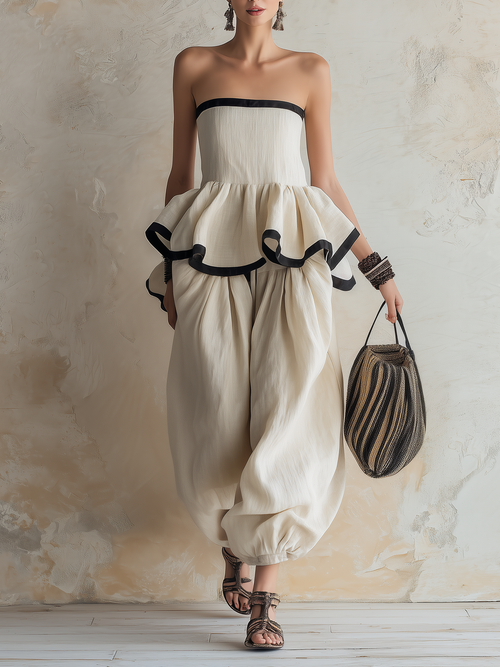 Strapless Ruffle Peplum Top & Harem Pants Set | Linen Boho Two-Piece Outfit