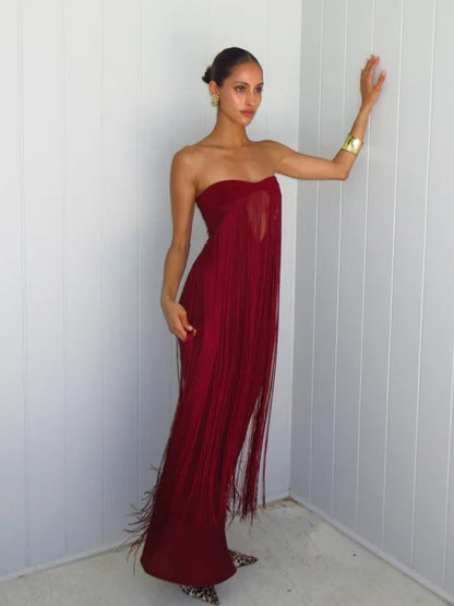 Burgundy Strapless Fringe Cut-Out Maxi Evening Gown