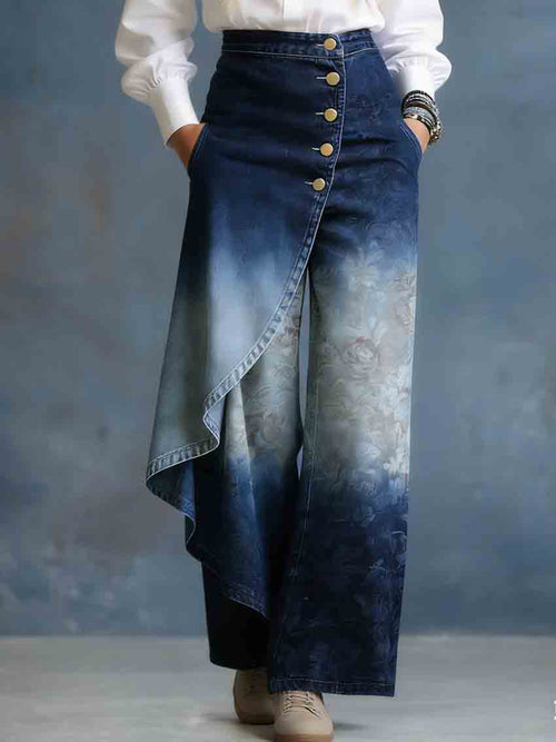 Women's Gradient Rose Stylish Design High-waisted Relaxed Fit Wide-leg Jeans