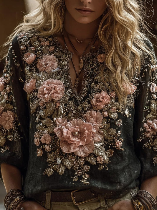 Bohemian Style Pink Flower Casual Long Sleeved Top