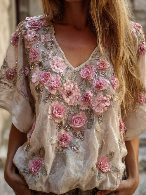 Bohemian Style Pink Rose Vintage Romantic Distressed V-neck Short-sleeved Shirt