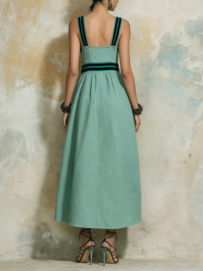 Mint Green Denim Square Neck Midi Dress With Contrast Stripes & Pockets