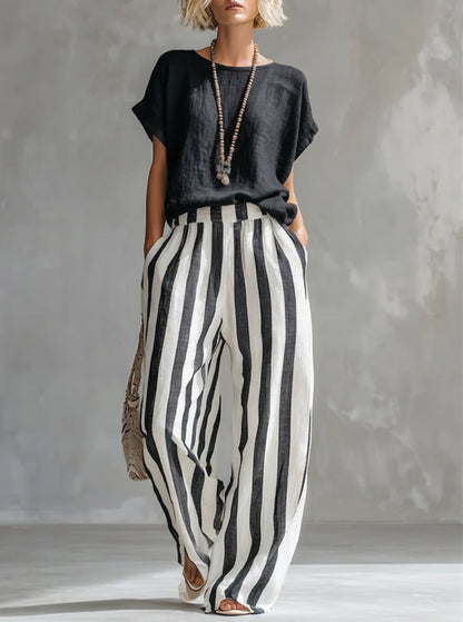 Cozy Loose-fit Striped Cotton-linen Two-piece Set