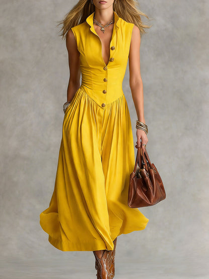 Women's Solid Color Collared Sleeveless Casual Loose Cotton Linen Dress
