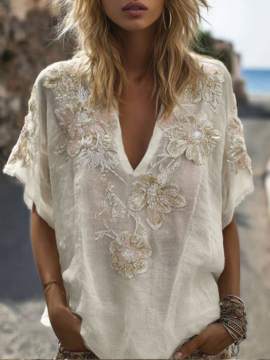Bohemian Floral Sequin Vintage White Thin Vintage Chain-embroidered V-neck Short-sleeved Shirt