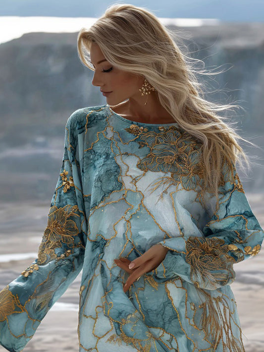 Vintage Gradient Marble Texture Flower Pattern Art Linen Shirts